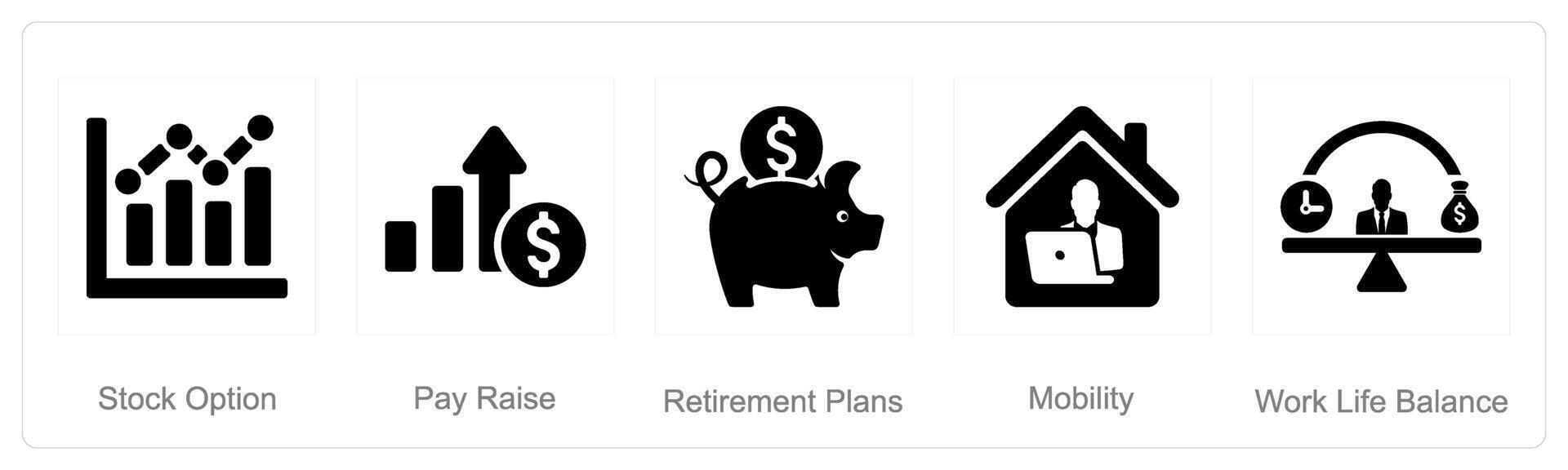 en uppsättning av 5 anställd fördelar ikoner som stock alternativ, betala höja, pensionering planer vektor