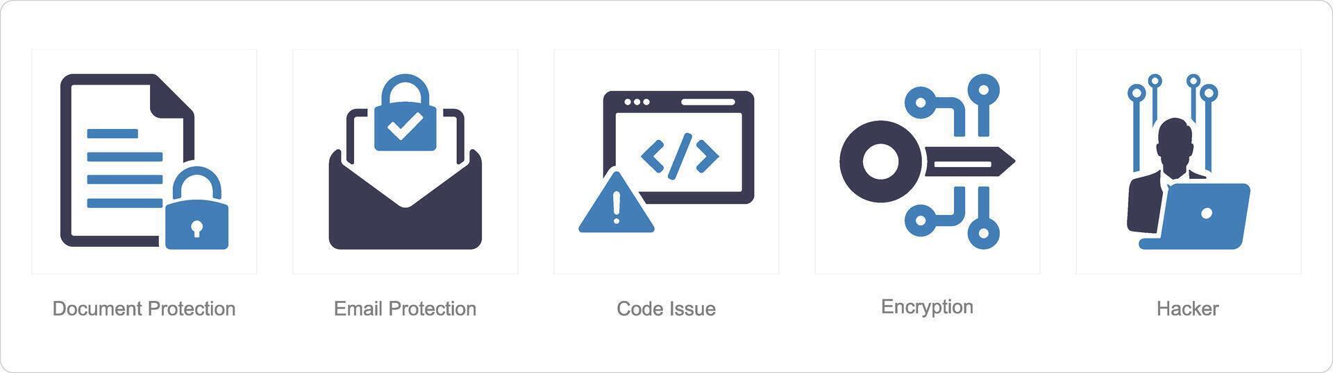 en uppsättning av 5 cyber säkerhet ikoner som dokumentera skydd, e-post skydd, koda problem vektor