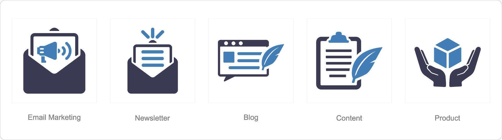 en uppsättning av 5 digital marknadsföring ikoner som e-post marknadsföring, nyhetsbrev, blog vektor
