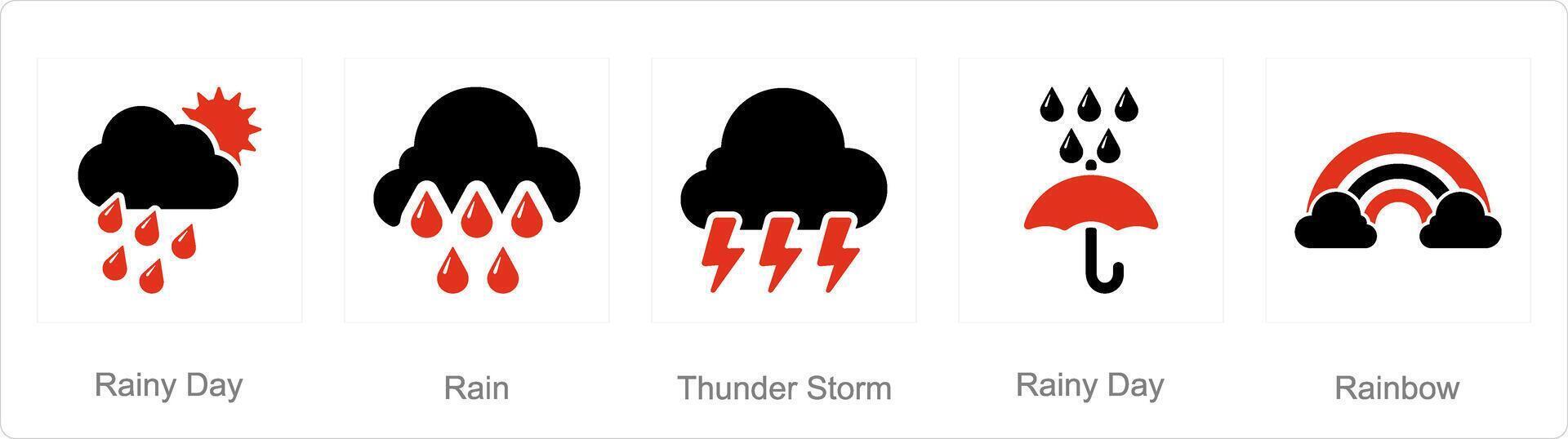 en uppsättning av 5 blanda ikoner som regnig dag, regn, åska storm vektor