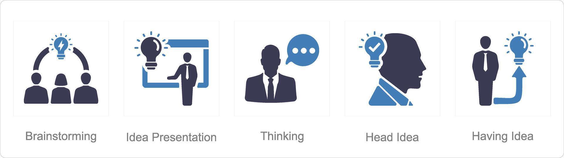 en uppsättning av 5 aning ikoner som brainstorming, aning presentation, tänkande vektor
