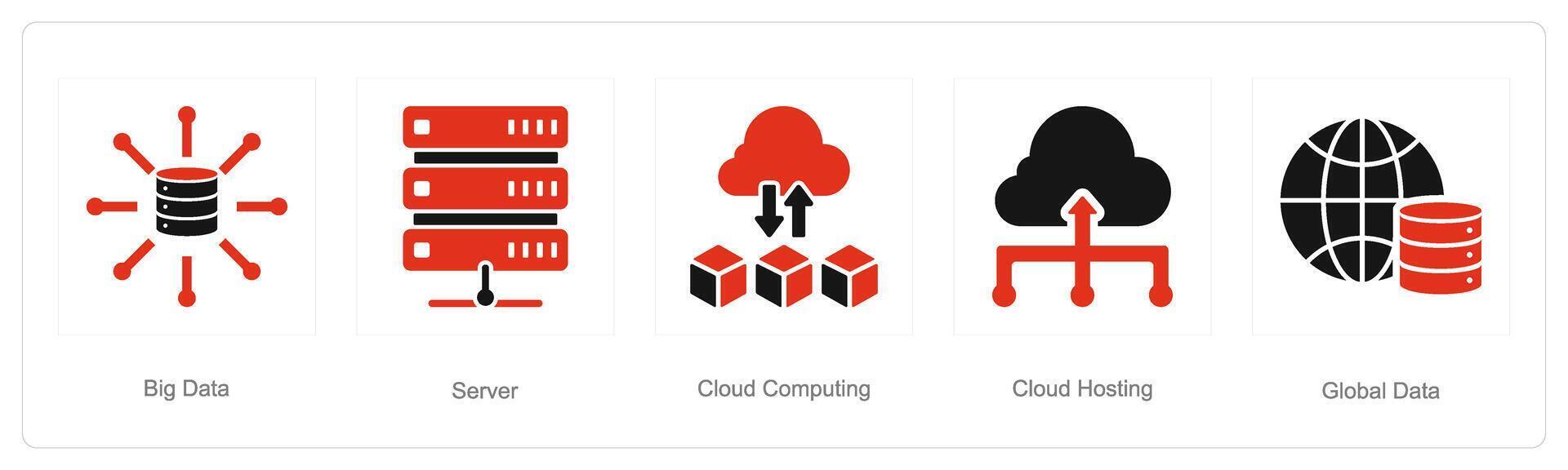 en uppsättning av 5 data analys ikoner som stor data, server, moln datoranvändning vektor