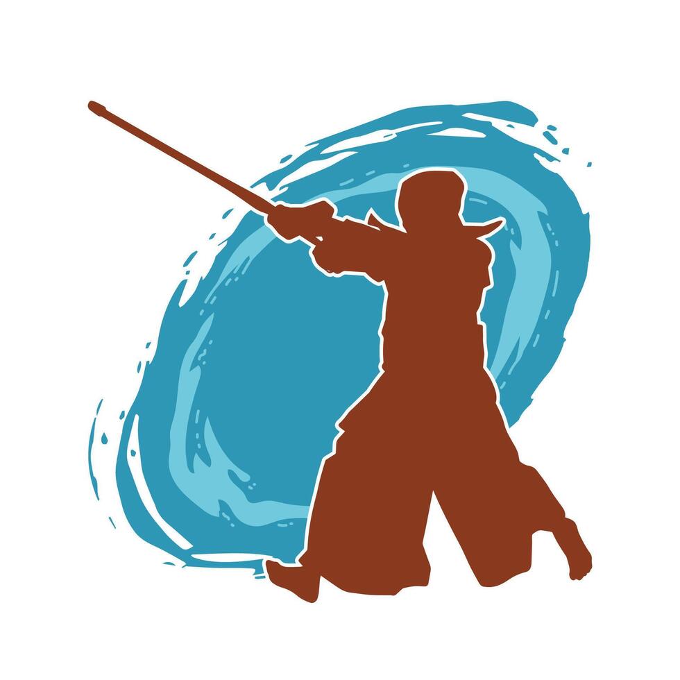 silhuett av en svärd krigare i verkan utgör. silhuett av en krigisk konst person bärande svärd vapen. silhuett av kendo krigisk konst utgör. vektor