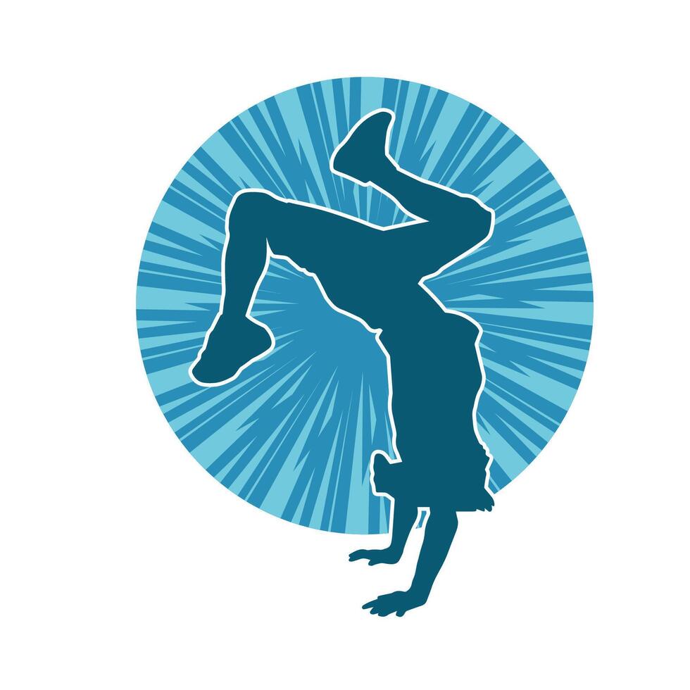 silhuett av en manlig dansare håller på med hand stå utgör. silhuett av en man dans utgör. vektor