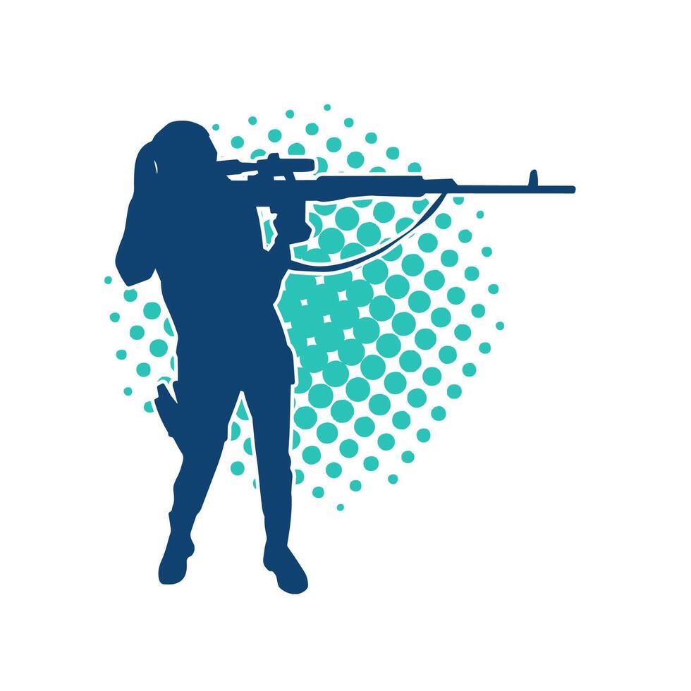 Silhouette von ein weiblich Schütze Brennen mit Scharfschütze lange Fass Gewehr Gewehr Waffe vektor