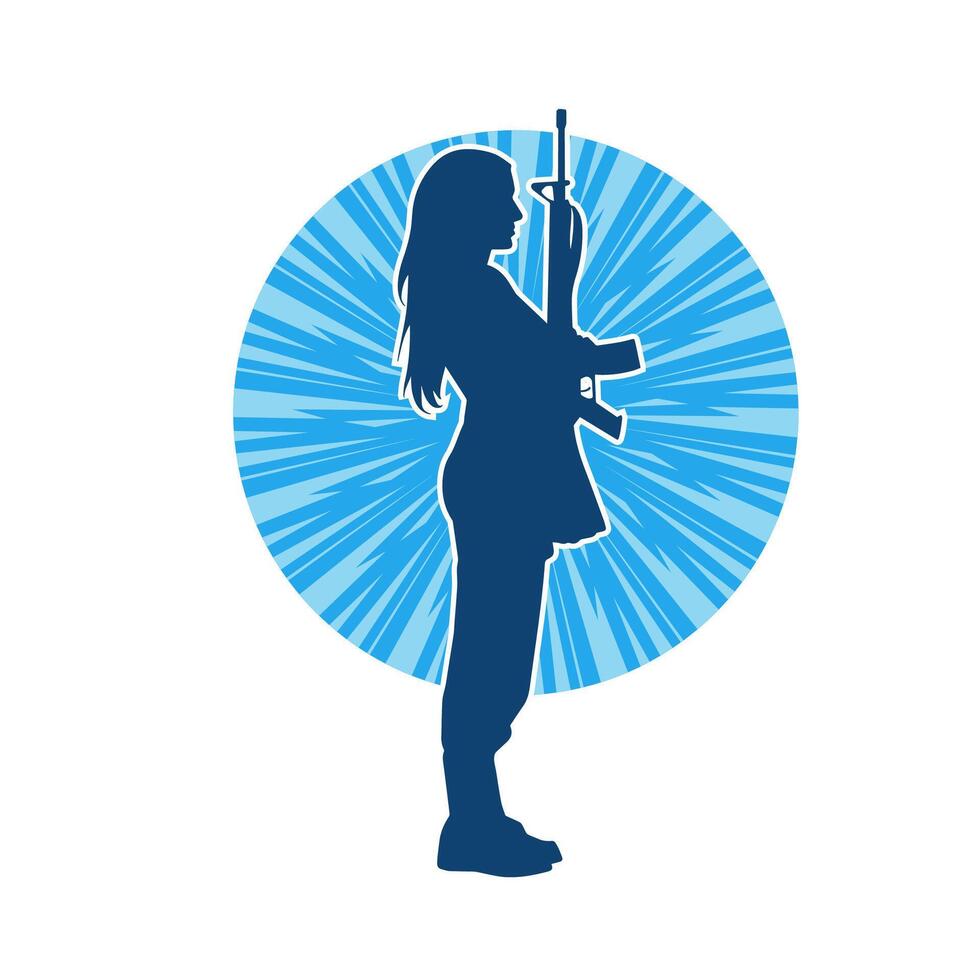 Silhouette von ein weiblich Soldat Tragen Maschine Gewehr Waffe. vektor