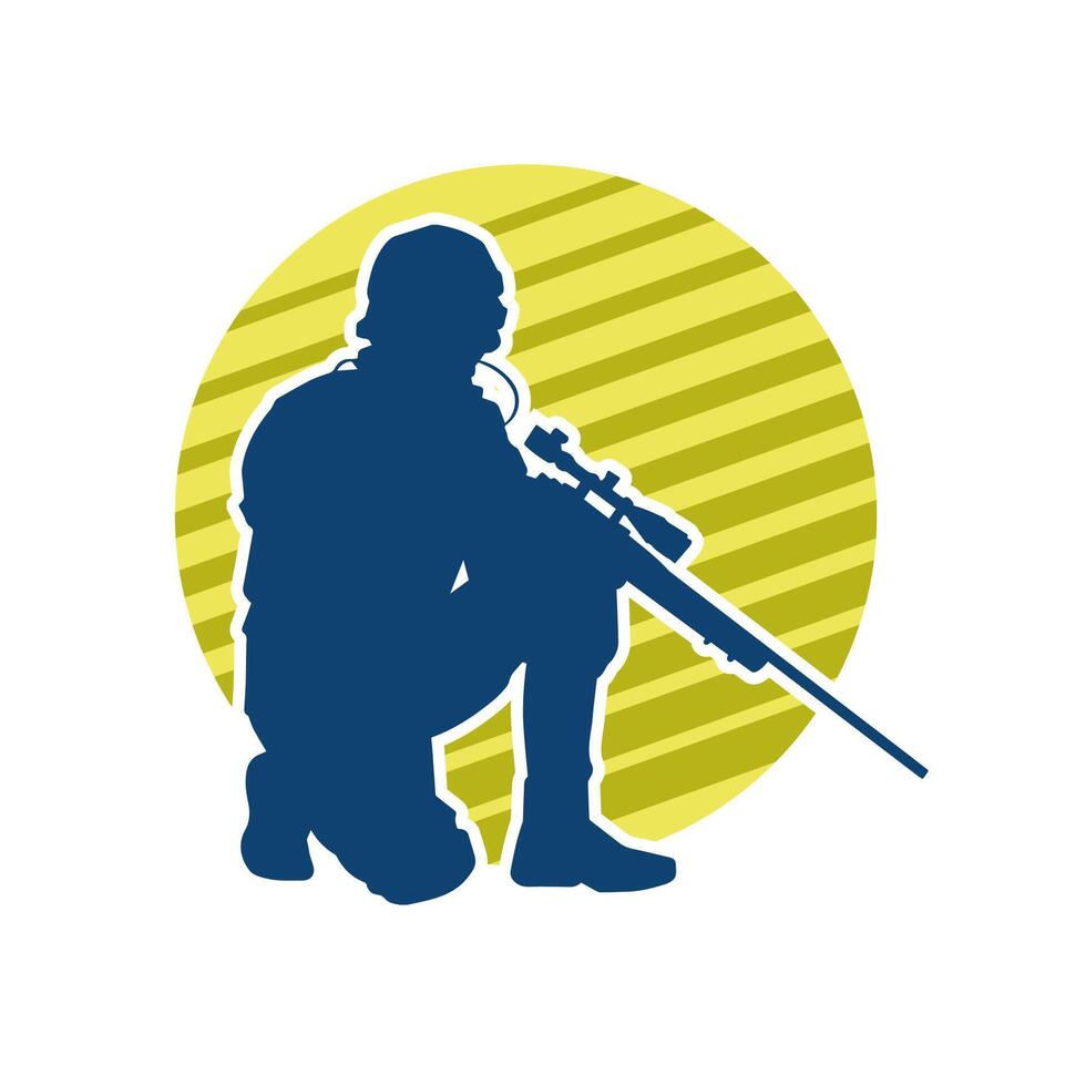 Silhouette von ein männlich Soldat Tragen Maschine Gewehr Waffe. Silhouette von ein Scharfschütze Schütze im Aktion. vektor