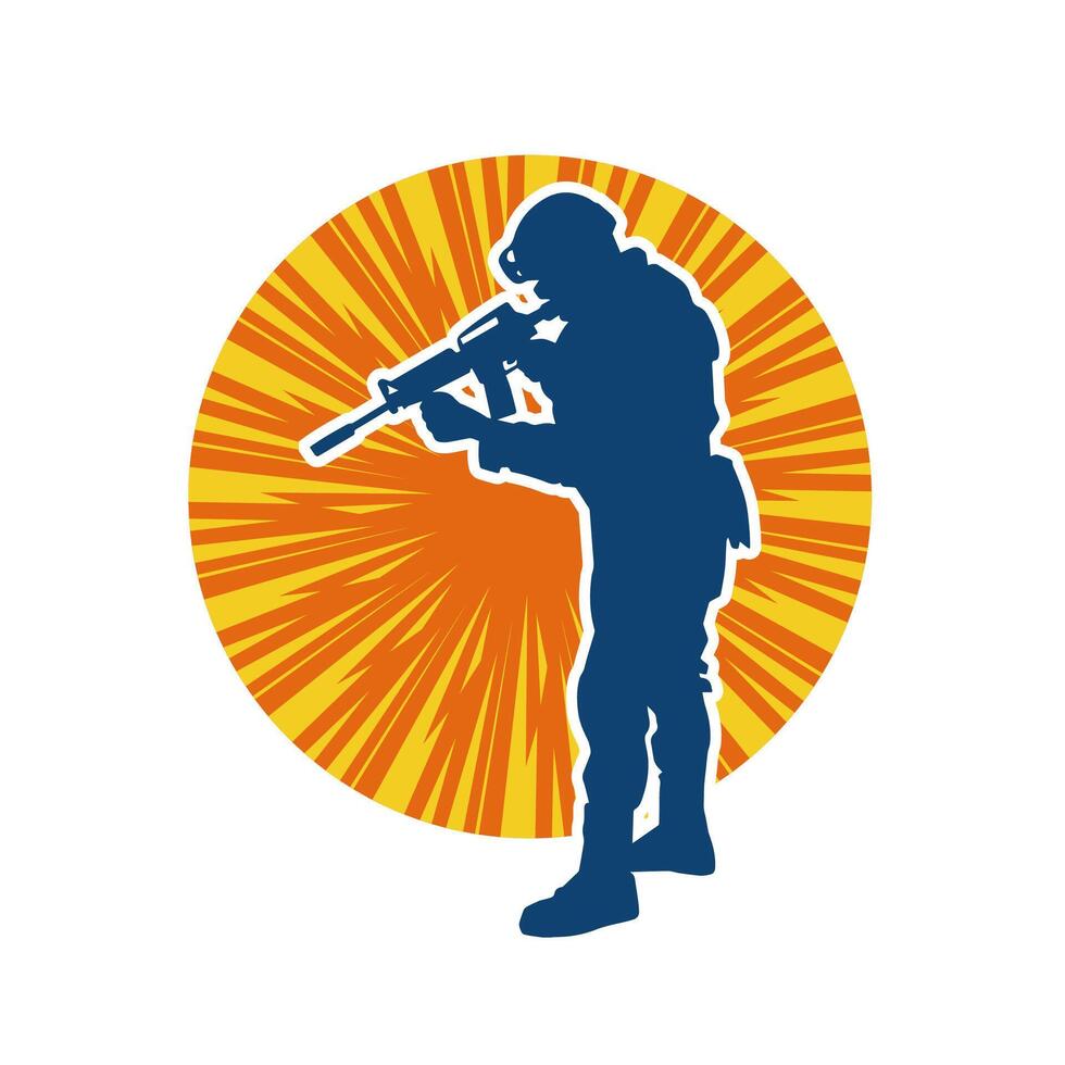 Silhouette von ein männlich Soldat Tragen Maschine Gewehr Waffe. Silhouette von ein Scharfschütze Schütze im Aktion. vektor
