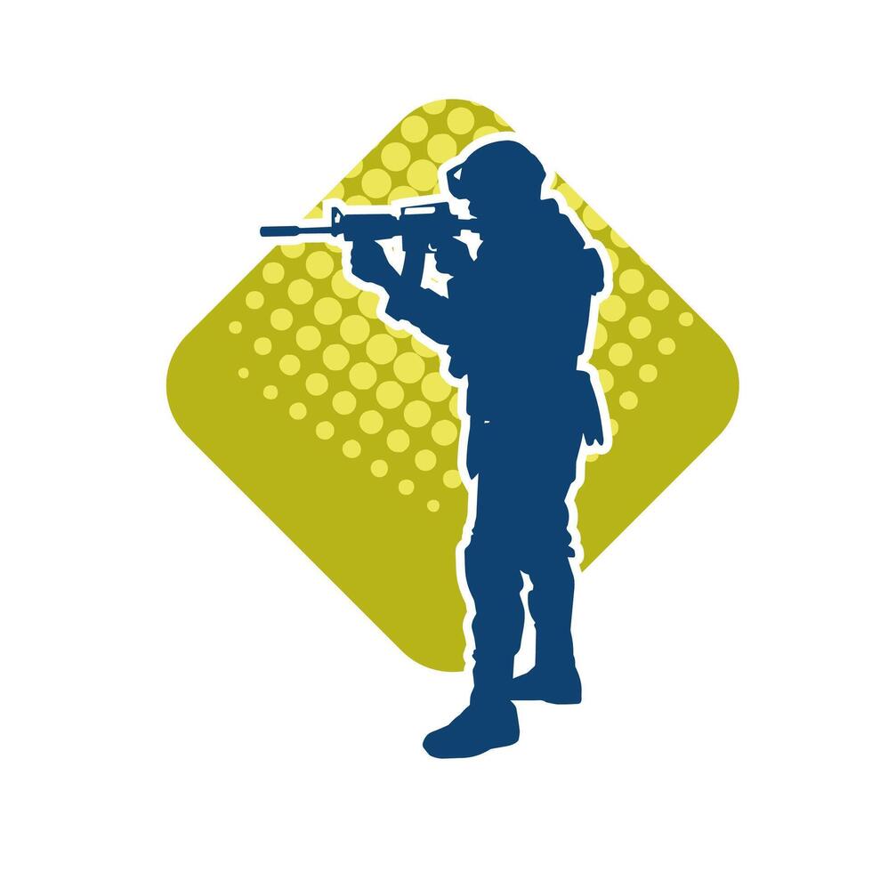 Silhouette von ein männlich Soldat Tragen Maschine Gewehr Waffe. Silhouette von ein Scharfschütze Schütze im Aktion. vektor