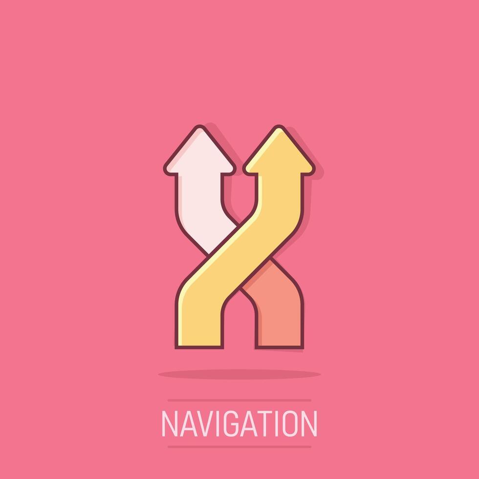 skiljeväg ikon i komisk stil. väg riktning navigering tecknad serie vektor illustration på isolerat bakgrund. lokalisera stift placera stänk effekt företag begrepp.