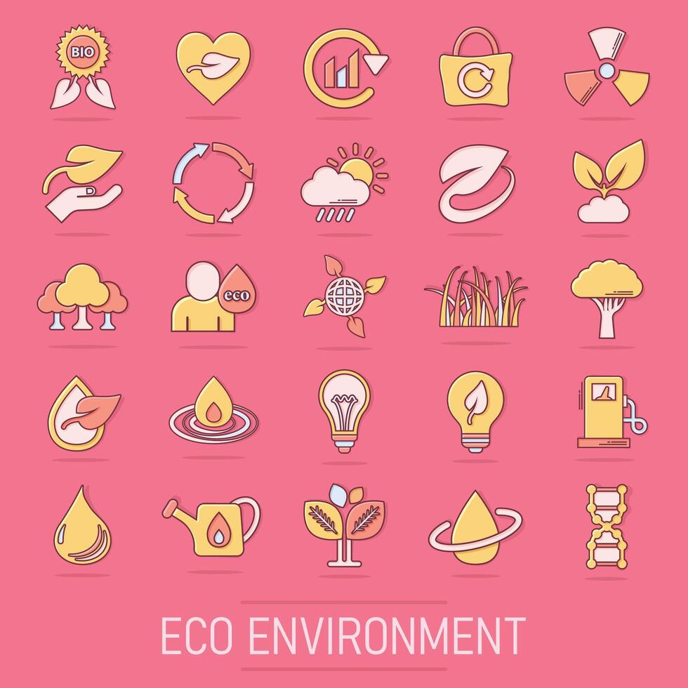 Öko Umgebung Symbole einstellen im Comic Stil. Ökologie Karikatur Vektor Illustration auf isoliert Hintergrund. bio Emblem Spritzen bewirken Zeichen Geschäft Konzept.