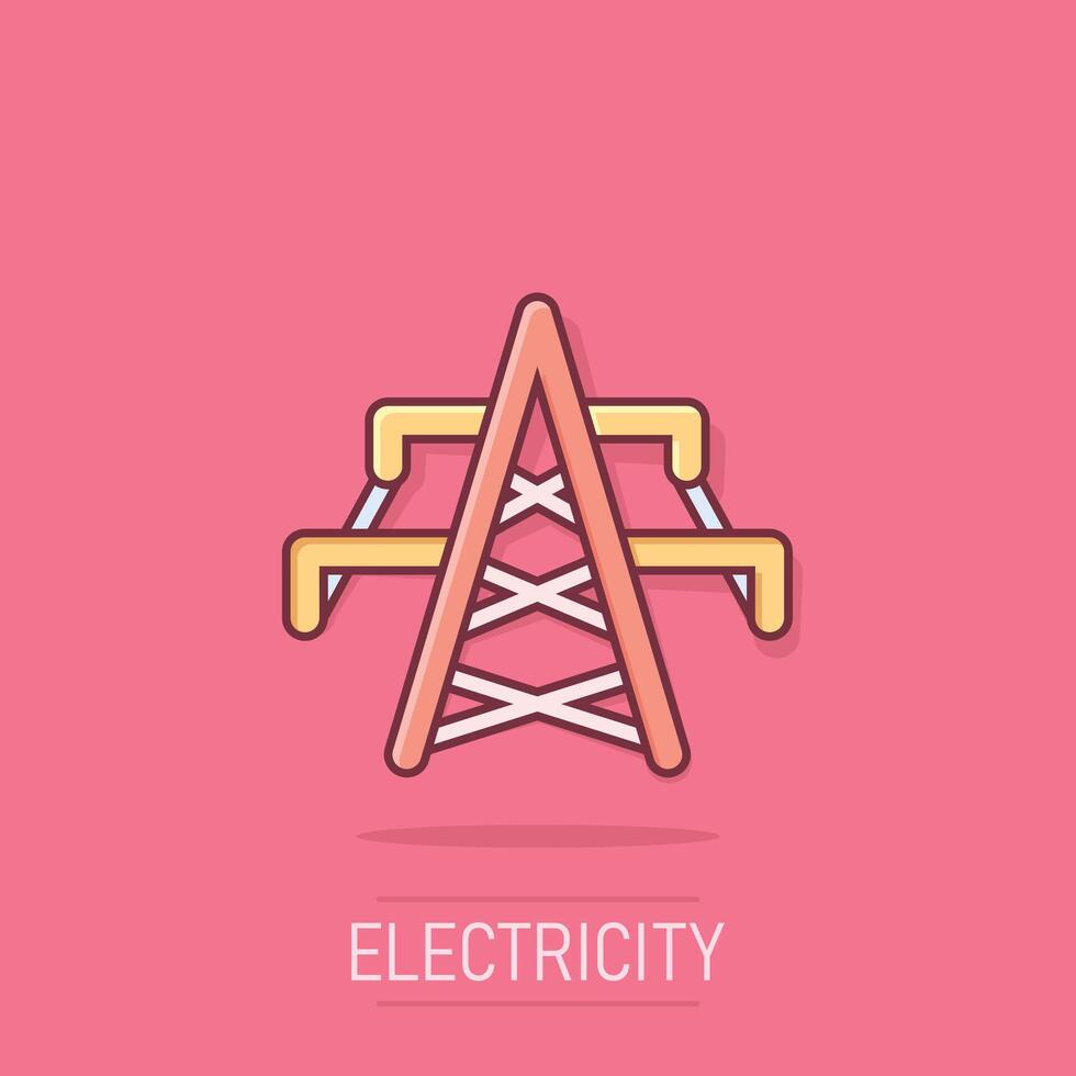elektrisk torn ikon i komisk stil. kraft station tecknad serie vektor illustration på isolerat bakgrund. hög Spänning stänk effekt tecken företag begrepp.