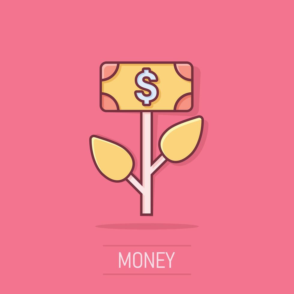 Wachstum profitieren Symbol im Comic Stil. Blume mit Geld Karikatur Vektor Illustration auf isoliert Hintergrund. erhöhen, ansteigen Spritzen bewirken Geschäft Konzept.