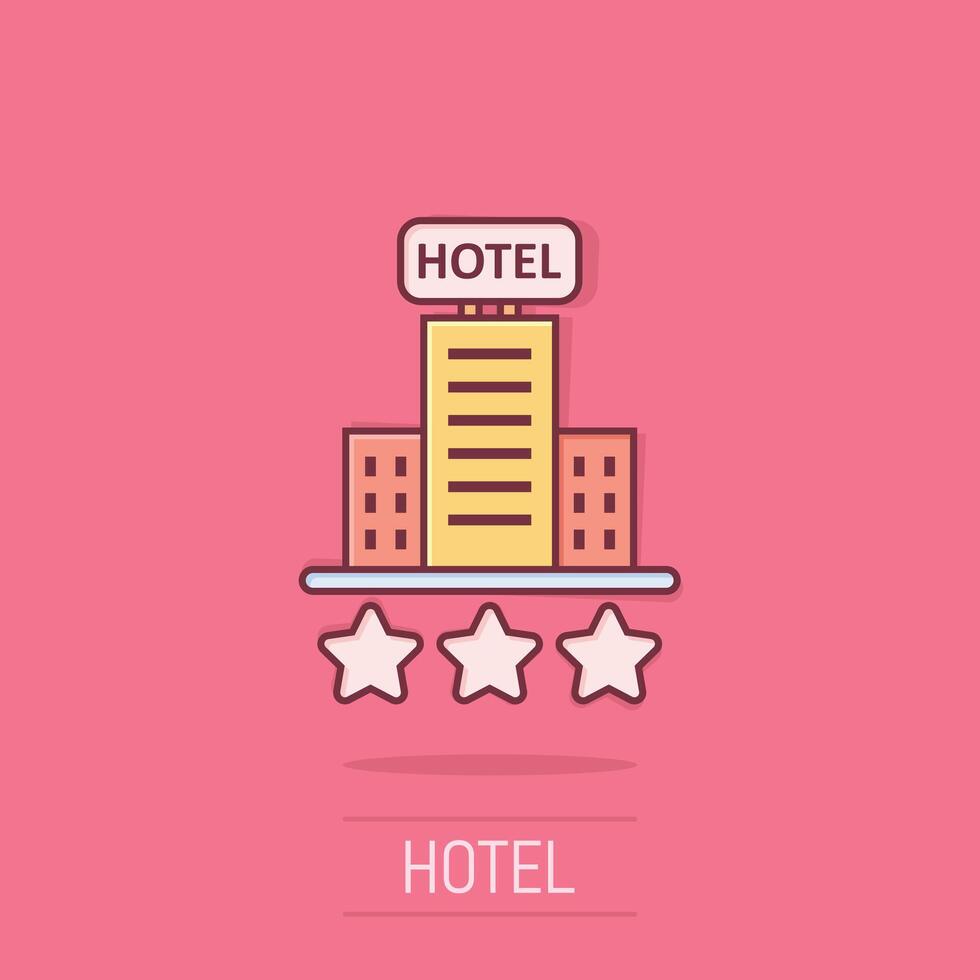 hotell 3 stjärnor tecken ikon i komisk stil. värdshus byggnad tecknad serie vektor illustration på isolerat bakgrund. vandrarhem rum stänk effekt företag begrepp.