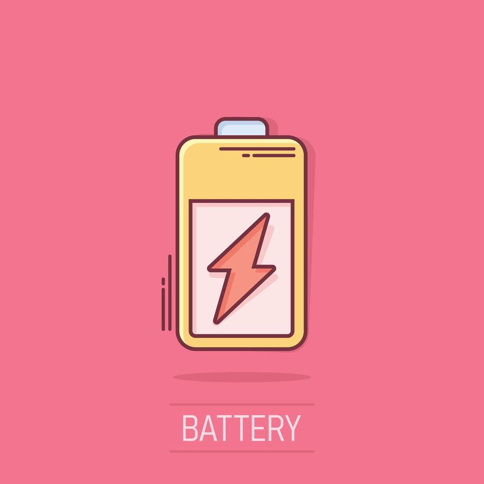 batteri ikon i komisk stil. ackumulator tecknad serie vektor illustration på isolerat bakgrund. energi laddare stänk effekt företag begrepp.