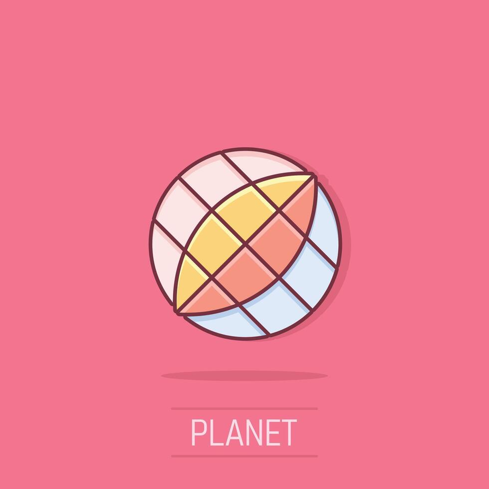 Erde Planet Symbol im Comic Stil. Globus geografisch Karikatur Vektor Illustration auf isoliert Hintergrund. global Kommunikation Spritzen bewirken Geschäft Konzept.