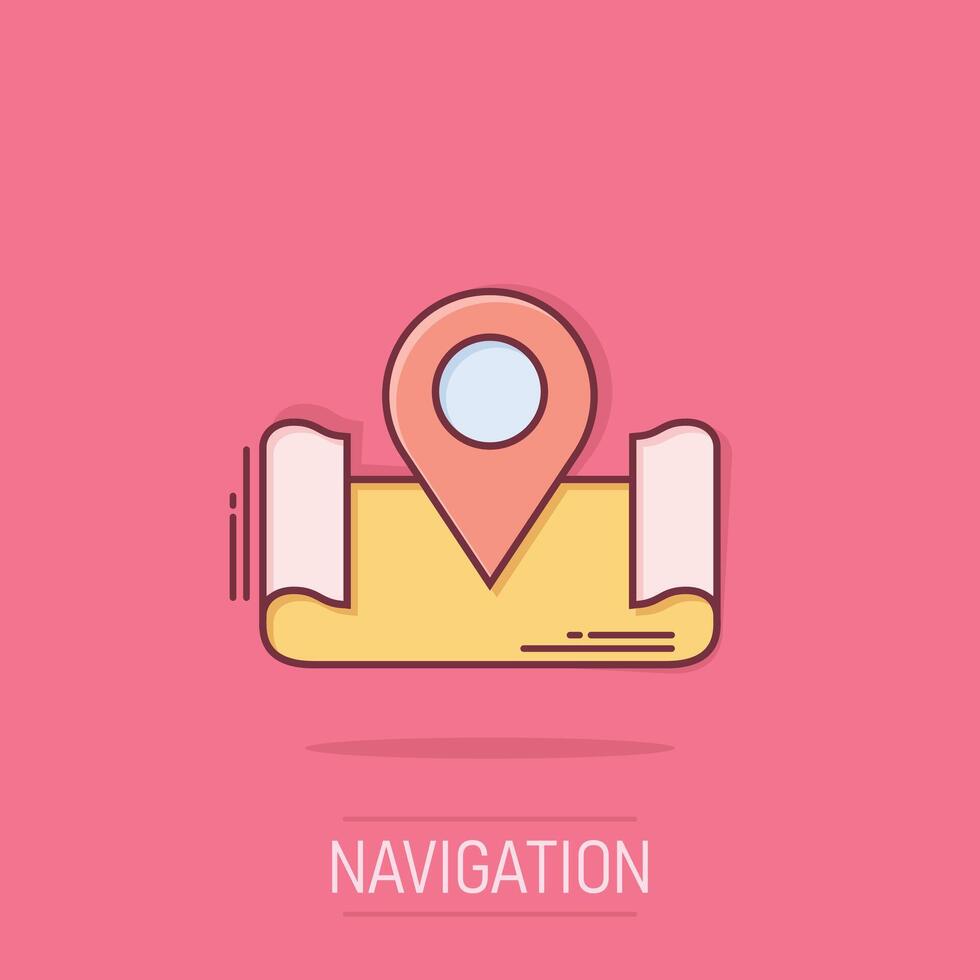 Karta stift ikon i komisk stil. gps navigering tecknad serie vektor illustration på isolerat bakgrund. lokalisera placera stänk effekt företag begrepp.