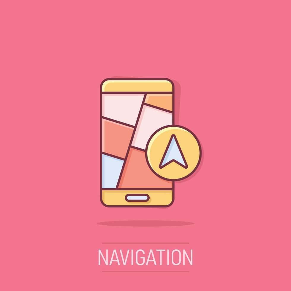 smartphone Karta ikon i komisk stil. mobil telefon gps navigering tecknad serie vektor illustration på isolerat bakgrund. lokalisera stift placera stänk effekt företag begrepp.