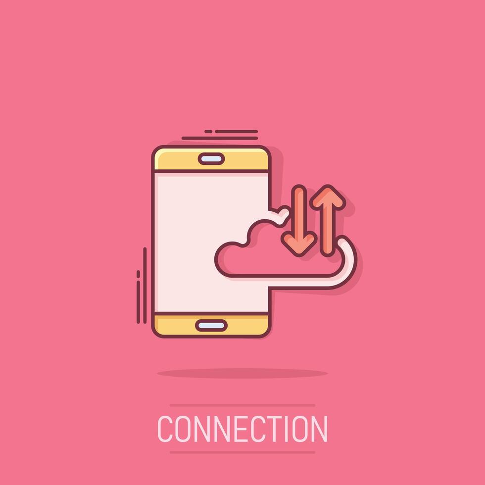 Smartphone mit Wolke Symbol im Comic Stil. Telefon Netzwerk Lager Karikatur Vektor Illustration auf isoliert Hintergrund. online Backup Spritzen bewirken Geschäft Konzept.