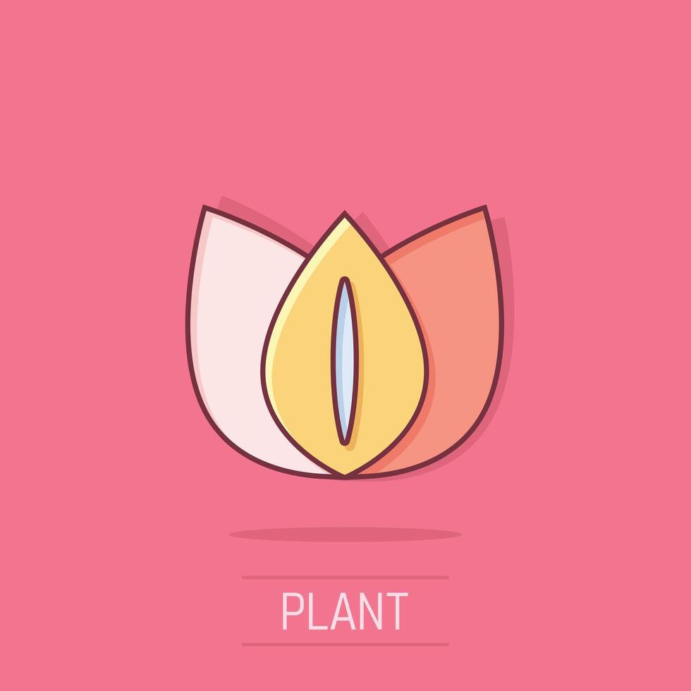 Blatt Symbol im Comic Stil. Pflanze Karikatur Vektor Illustration auf isoliert Hintergrund. Blume Spritzen bewirken Zeichen Geschäft Konzept.
