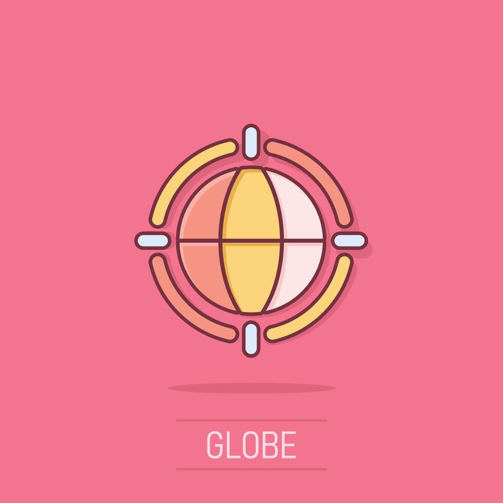 Erde Planet Symbol im Comic Stil. Globus geografisch Karikatur Vektor Illustration auf isoliert Hintergrund. global Kommunikation Spritzen bewirken Geschäft Konzept.