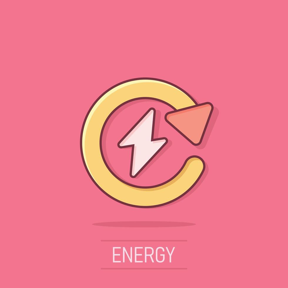 Energie aufladen Symbol im Comic Stil. Stromspannung und Pfeil Karikatur Vektor Illustration auf isoliert Hintergrund. elektrisch Spritzen bewirken Zeichen Geschäft Konzept.