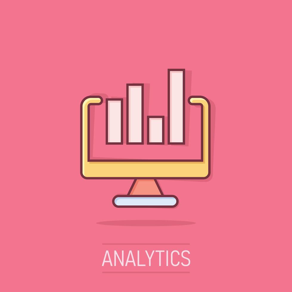 Webseite Analytik Symbol im Comic Stil. SEO Daten Karikatur Vektor Illustration auf isoliert Hintergrund. Computer Diagramm Spritzen bewirken Geschäft Konzept.