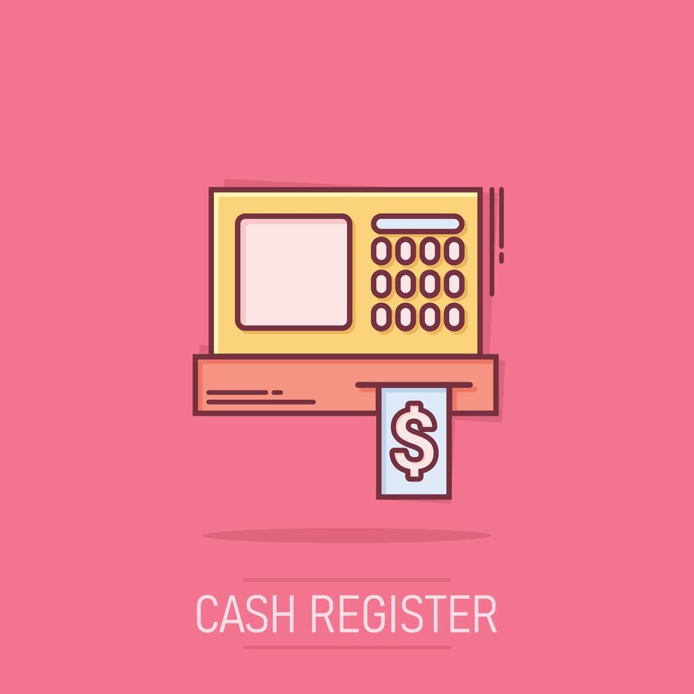 kontanter Registrera ikon i komisk stil. kolla upp maskin tecknad serie vektor illustration på isolerat bakgrund. betalning stänk effekt företag begrepp.
