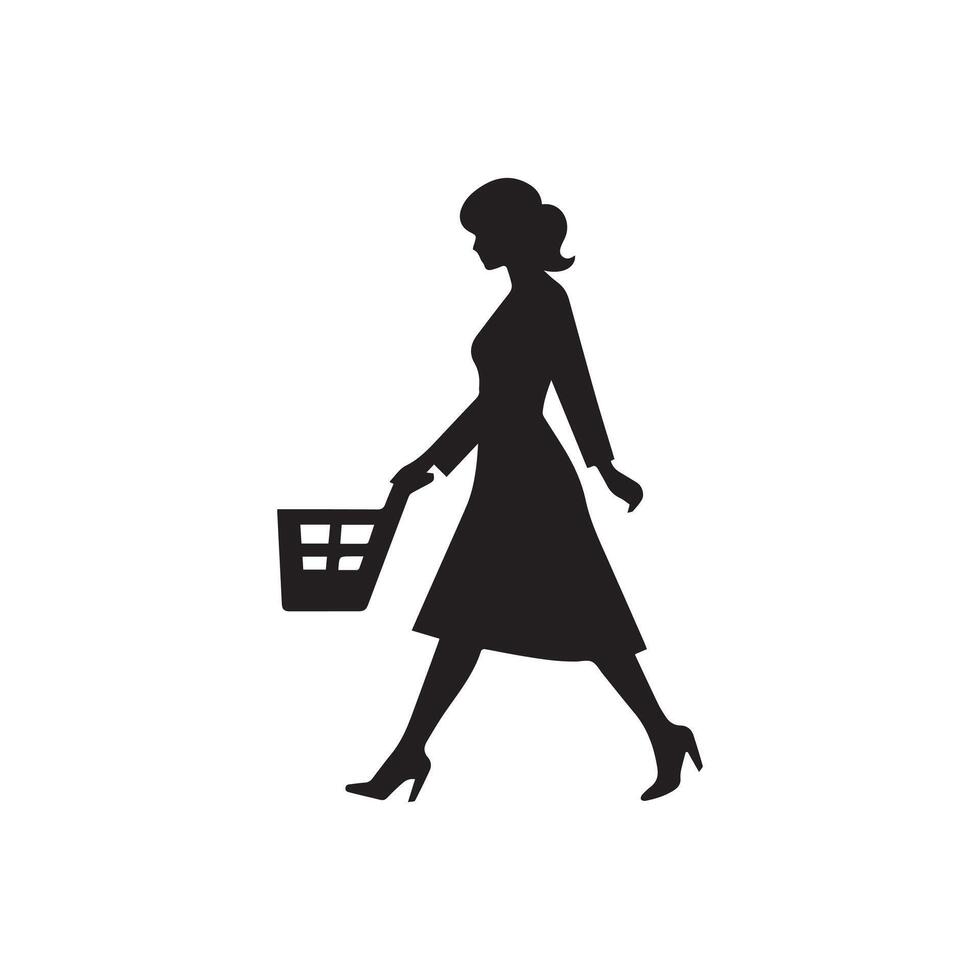 Einkaufen Frau Silhouette. schwarz Vektor Illustration isoliert auf Weiß Hintergrund.