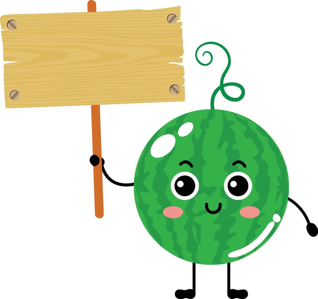 rolig vattenmelon maskot innehav en trä- tecken vektor