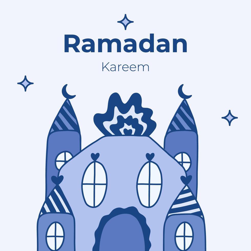 affisch för ramadan kareem i barnslig naiv stil. islamic hälsning kort med moské, måne halvmåne, stjärnor i de himmel. mall för baner, hemsida design, media för ramadan månad evenemang vektor