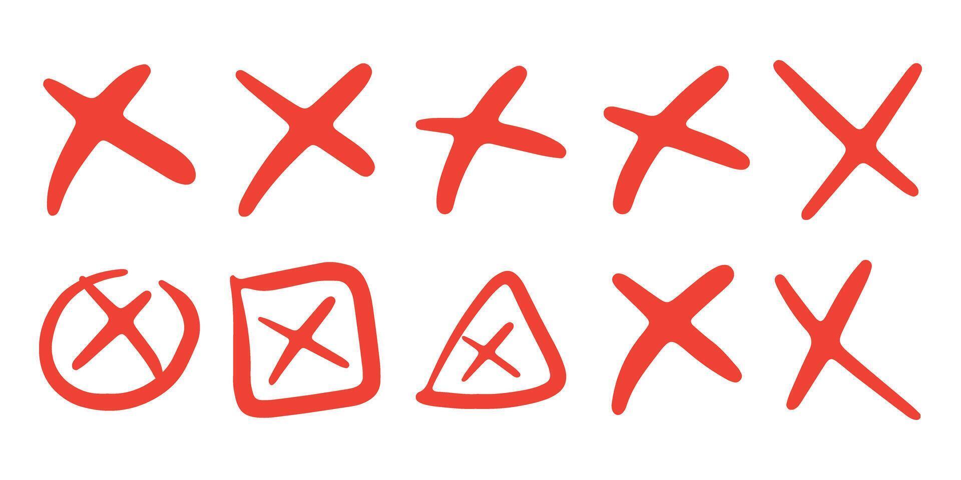 Hand gezeichnet Gekritzel rot Kreuz markieren, x Kennzeichen einstellen vektor