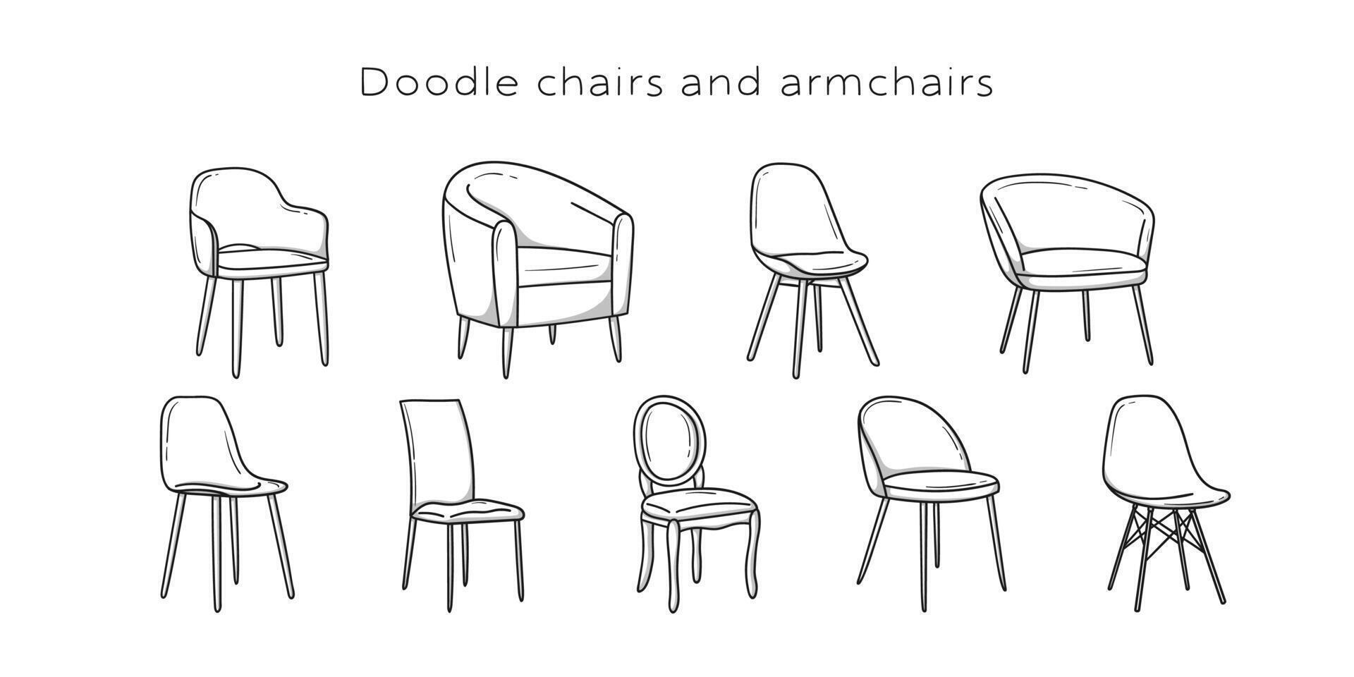 en uppsättning av stolar och fåtöljer dragen i en klotter skiss. vektor illustration.