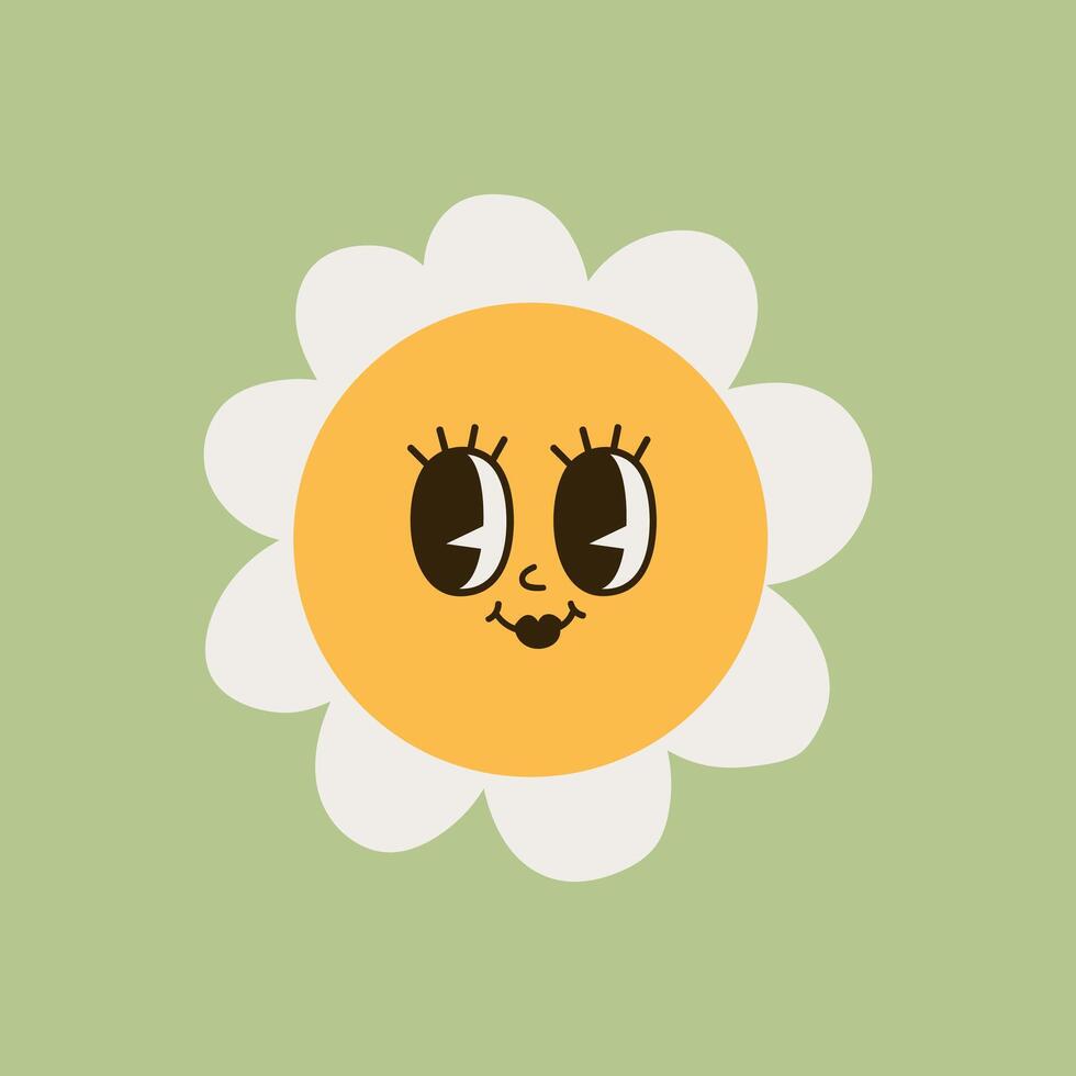 samling av magnifik kamomill blommor. retro daisy ler i tecknad serie stil. uppsättning av Lycklig 70s klistermärken. vektor grafisk illustration i hippa stil.