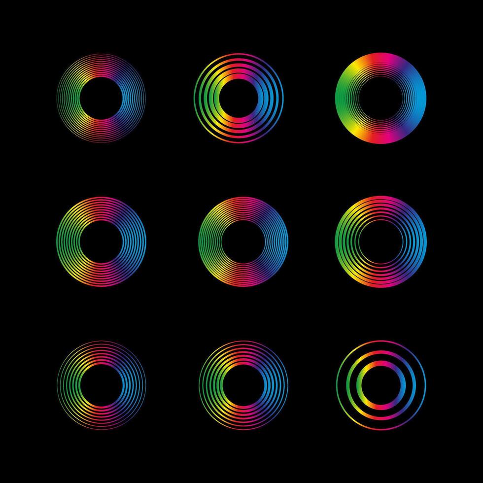 regnbåge runda linjär halvton element. cirkulär radiell abstrakt logotyp mallar. vektor illustration på svart