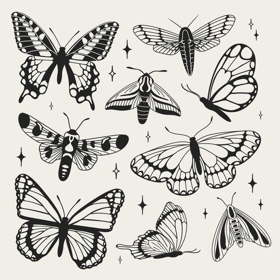 fjärilar och malar y2k estetisk, hand ritade. vektor grafik i trendig retro 2000-talet stil.