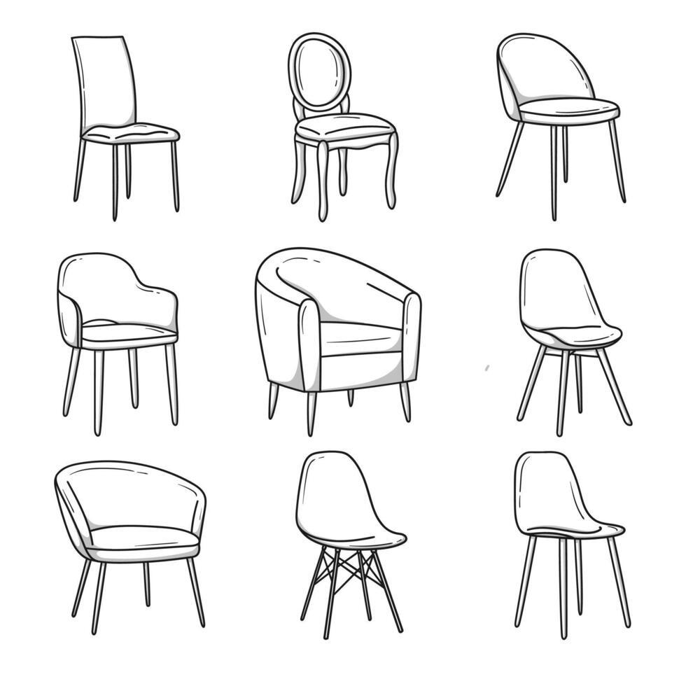 ein einstellen von Stühle und Sessel gezeichnet im ein Gekritzel skizzieren. Vektor Illustration.