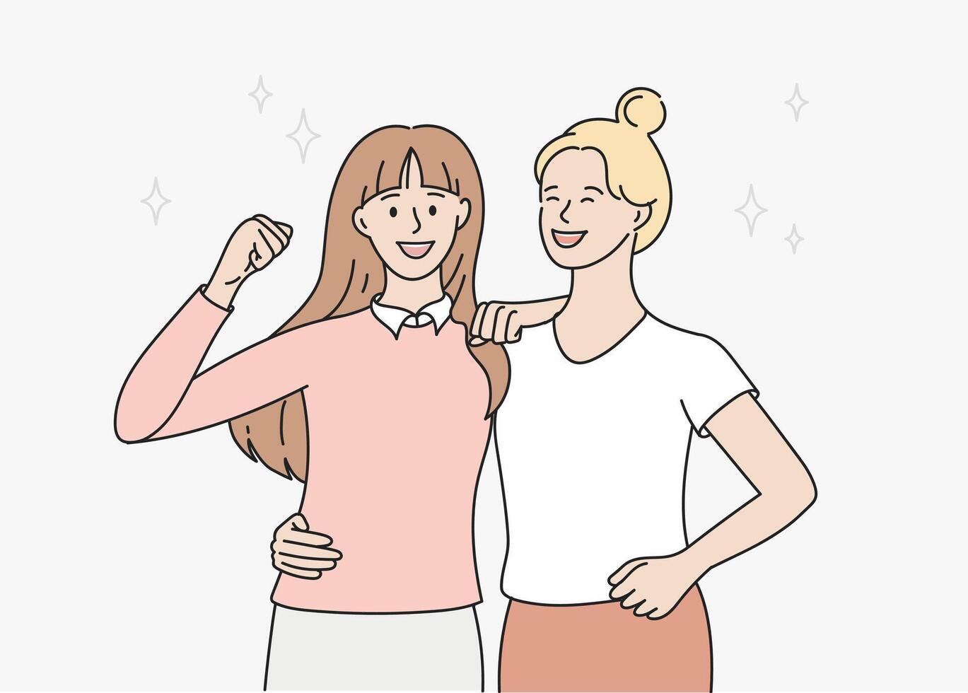 glücklich zwei Mädchen freunde sind Stehen umarmen. Vektor Illustration im Karikatur linear Stil