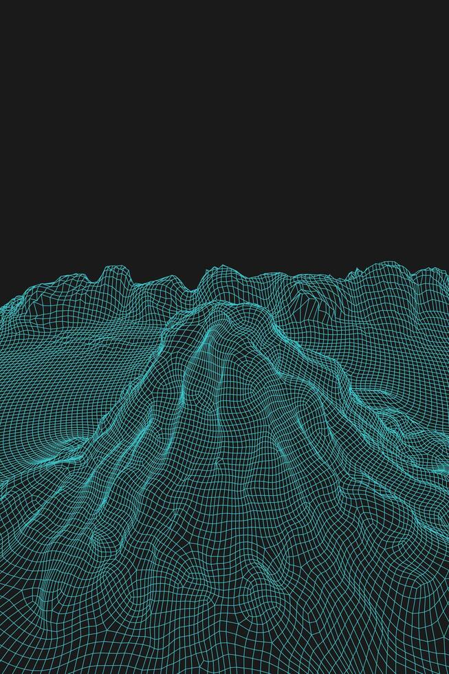 Blau abstrakt Vektor Drahtmodell Landschaft Hintergrund. 3d futuristisch Gittergewebe Berge. 80er Jahre retro Illustration. Cyberspace Technologie Täler.