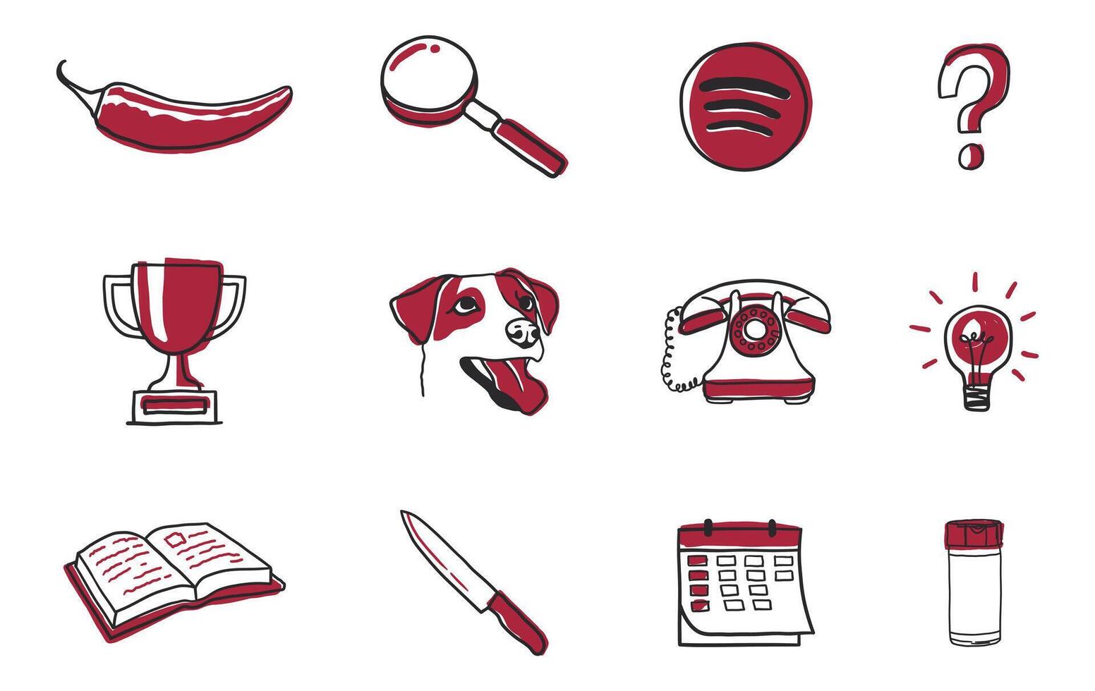 tolv röd och vit ikoner av olika objekt och symboler, enkel linje och form vektor