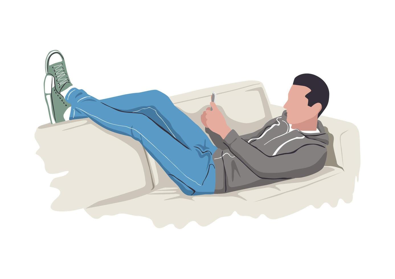 ein Mann genießt seine Telefon während entspannend auf das Couch. eben Stil Vektor Illustration