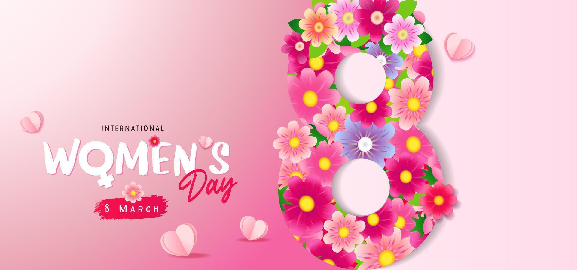 internationell kvinnors dag hälsning kort, blommig siffra 8 och rosa bakgrund vektor