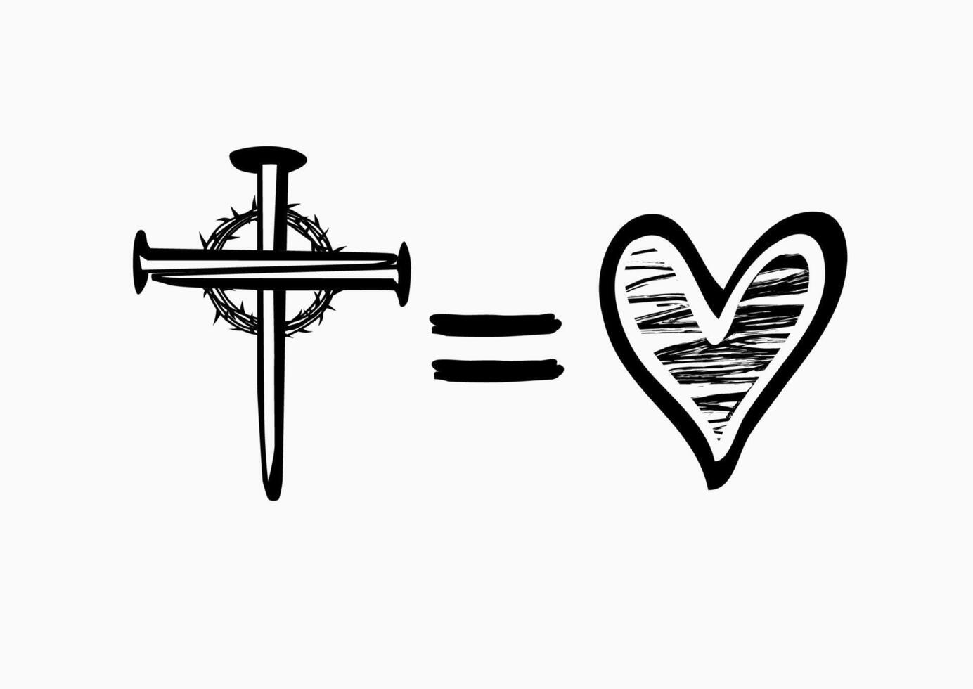 Gott ist Liebe kreativ Symbol. Kreuz gleich Herz Vektor Illustration.