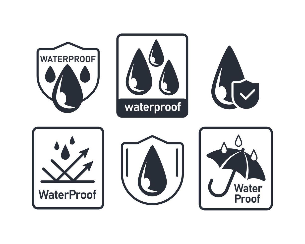 wasserdicht Symbole. Wasser Beweis unterzeichnen. Wasser Schutz, Flüssigkeit Beweis Schutz. Vektor Illustration