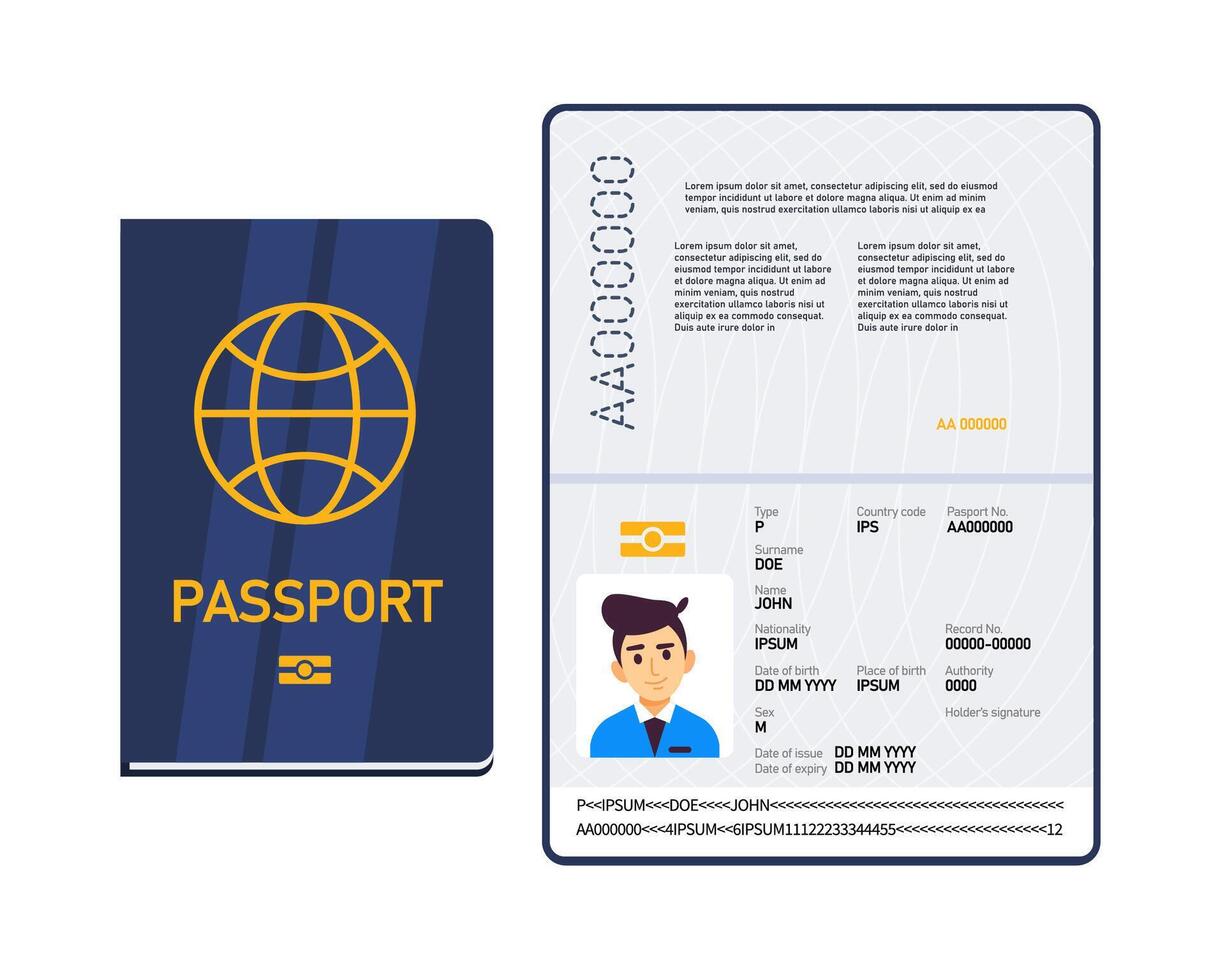 International männlich biometrisch Reisepass. geöffnet und geschlossen Reisepass. Vektor Illustration