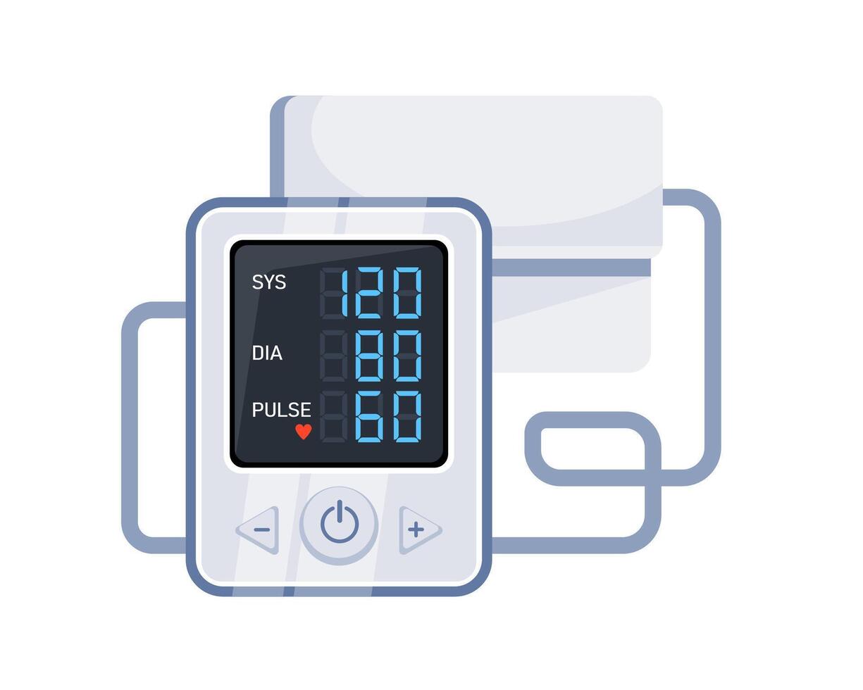 medizinisch Tonometer und optimal Blut Druck. Hypertonie Digital Tonometer, Blutdruckmessgerät. Vektor Illustration