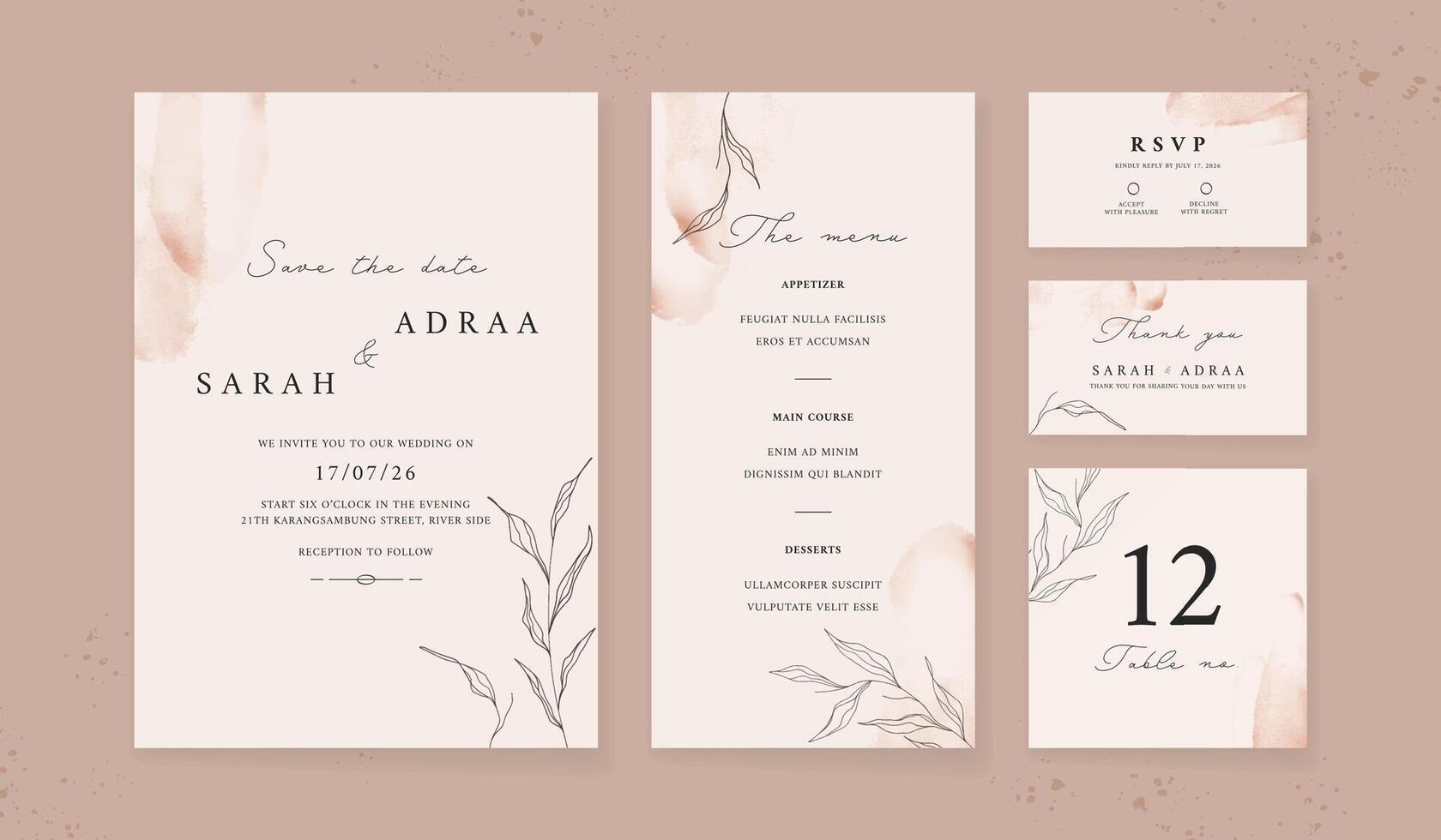 abstrakt Aquarell Hochzeit Einladung Vorlage. einstellen von Hochzeit Schreibwaren. Luxus Karte und Poster Hintergrund. vektor