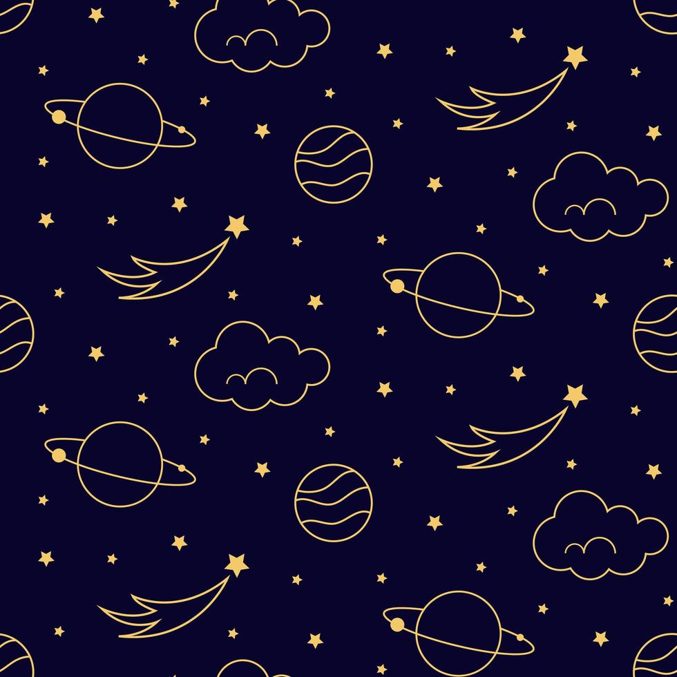Astrologisches goldenes nahtloses Muster des himmlischen Planeten auf dunklem Hintergrund vektor