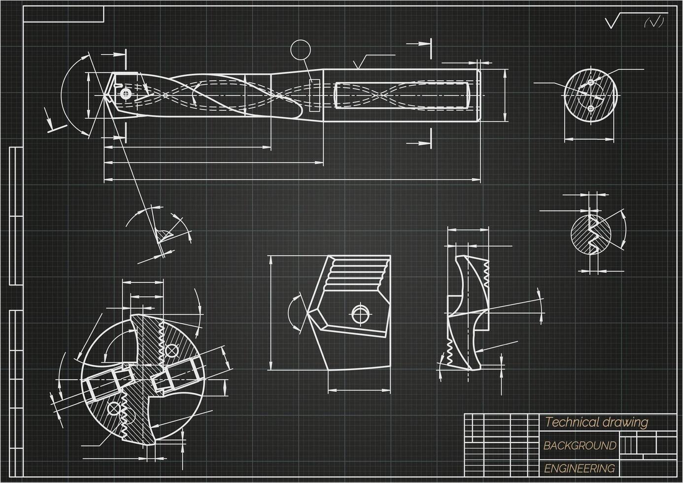 mechanisch Ingenieurwesen Zeichnungen auf schwarz Hintergrund. ansprechen. technisch Design. Abdeckung. Entwurf. Vektor Illustration.