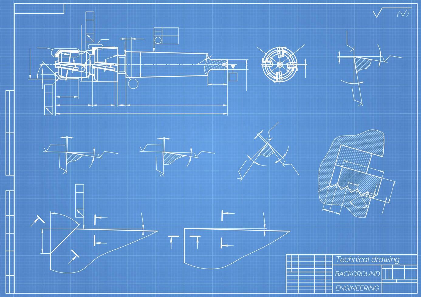 mechanisch Ingenieurwesen Zeichnungen auf Blau Hintergrund. Zapfhahn Werkzeug, Bohrer. technisch Design. Abdeckung. Entwurf. Vektor Illustration.